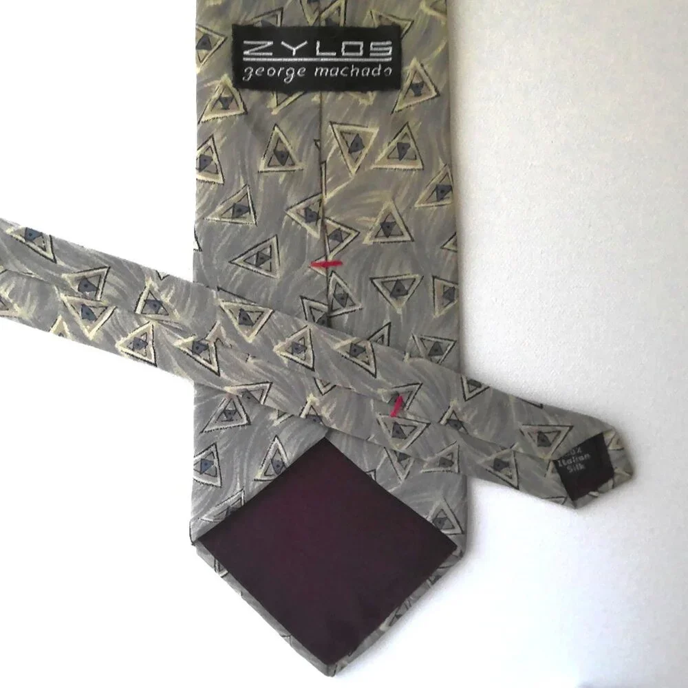 Zylos George Machado Men's Tie 100% Italian Silk Gray & Cream Geometric EUC